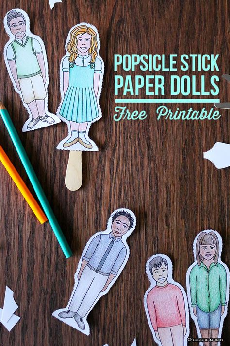 Popsicle Stick Paper Dolls — free printable at Eclectic Affinity Popsicle Stick Puppets, Stick Puppets Printable Templates, Puppet Printable, Paper Puppets Printable, Paper Doll Family Free Printable, Popsicle Stick Puppets Printables, Preschool Paper Dolls Free Printable, Stick Puppets For Kids Free Printable, Princess Puppet Printable