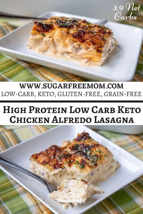 This easy high protein keto chicken Alfredo lasagna will please the whole family and has just 3.9 g net carbs for a nice large serving that is incredibly satisfying! Just 8 simple ingredients to make this tasty keto lasagna recipe! Keto Chicken Alfredo Lasagna, Low Carb Chicken Lasagna, Keto Mom Recipes, Low Carb Alfredo Bake, High Protein Meals Keto, Keto Chicken Lasagna, Keto Dad Recipes, Easy Keto Lasagna, Keto Lasagna Recipe