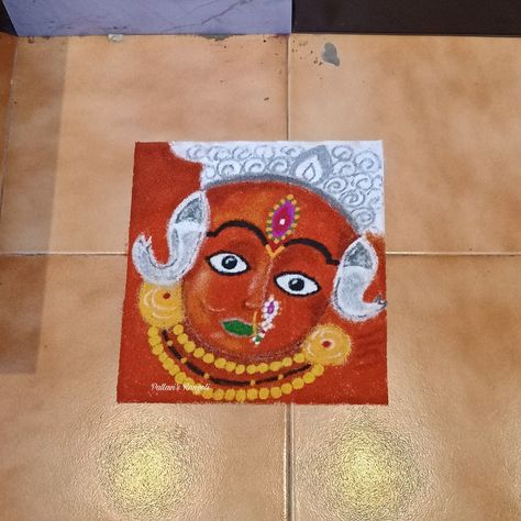 Saptshrungi mata rangoli / saptshrungi Devi rangoli / Orange colour navratri rangoli Devi Rangoli, Navaratri Rangoli, Colour Rangoli, Rangoli Colours, Orange Colour, Orange Color, Orange