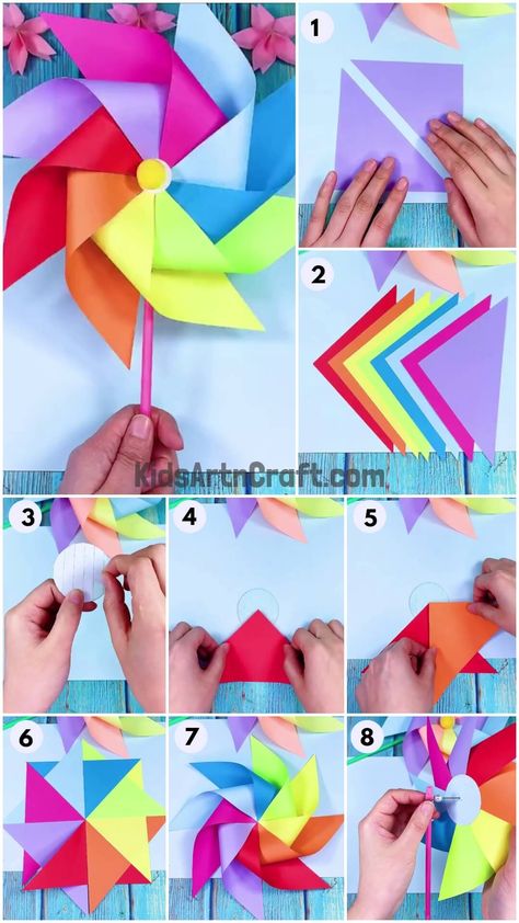 Rainbow Paper Windmill Step-by-step Tutorial For Beginners Paper Windmill For Kids, Windmill Crafts, Paper Windmill, Pinwheels Paper, Retro Garden, Rainbow Paper, Handprint Craft, Red Paper, Color Crafts