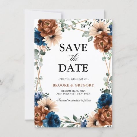 Terracotta Navy Blue Greenery Save The Date #zazzle #weddinginvitations #birthdayinvitations #babyshowerinvitations #zazzleinvitations #monogram #businesscards #graduation #homedecor Boho Wedding Pampas, Navy Blue Save The Date, Blue Save The Date, Wedding Theme Design, Flower Oasis, Rustic Wedding Save The Dates, Rustic Save The Dates, Sage Wedding, Floral Save The Dates