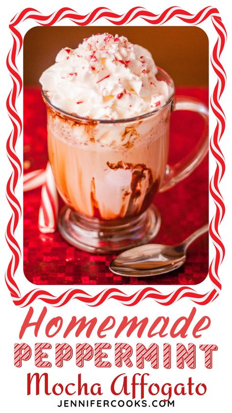 Treat yourself to a decadent homemade peppermint mocha affogato. This creamy dessert combines rich espresso with smooth peppermint ice cream, a drizzle of chocolate syrup, and a festive peppermint crunch. Perfect for coffee lovers, it's a cozy winter treat that balances sweetness with bold espresso flavor. A simple yet luxurious way to elevate your dessert game this season. Blended Drink Recipes, Chocolate Coffee Drinks, Homemade Peppermint Mocha, Indulgent Recipes, Affogato Coffee, Peppermint Crunch, Diy Juice, Alcoholic Punch Recipes, Kids Drink