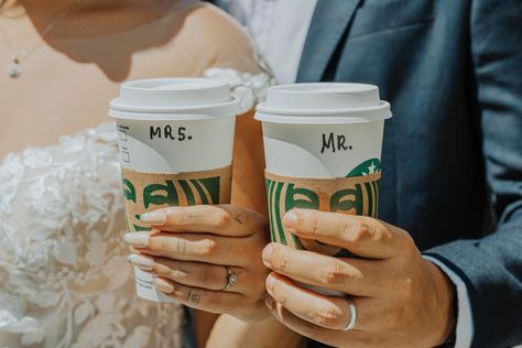 Bride and groom holding a Starbucks cup, side by side Starbucks Engagement Pictures, Coffee Shop Prenup, Starbucks Photoshoot, Starbucks Wedding, Cafe Shoot, Wedding Bangs, Savannah Elopement, Coffee Shop Photography, Wedding Aesthetics