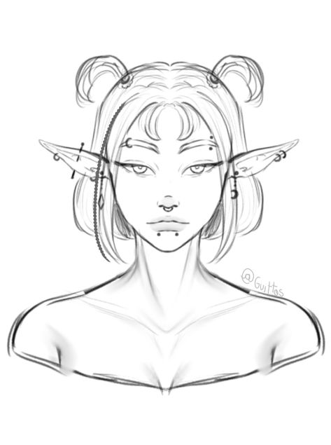 Elf Ears With Piercings Drawing, Elf Reference Drawing, Elf Ear Piercing Drawing, Nose Piercing Drawing Reference, Oc Outline Drawing, Elf Nose Drawing, Elf Earrings Drawing, Nose With Piercing Drawing, Elf Eyes Drawing