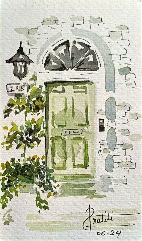 Watercolor And Sketch, Watercolor Art Pencil, Easy Watercolor Step By Step, Watercolor Front Door, Watercolor Home Painting, Paintings With Watercolour, Watercolor Churches Simple, Water Colouring Painting, Watercolor Painting Gift Ideas