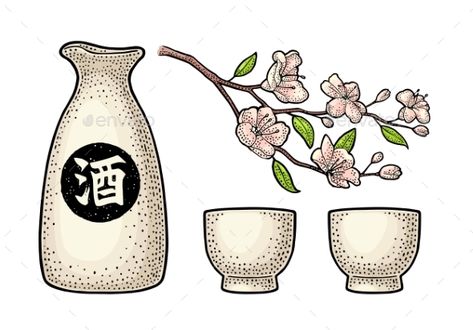 Sake glass, bottle and japan calligraphic hieroglyph. Sakura blossom. Cherry branch with flowers and bud. Vector vintage engraving Sake Illustration, Sake Tattoo, Photo Japon, Branch With Flowers, Cherry Branch, Cup Tattoo, Japanese Drinks, Blossom Cherry, Cooking Quotes