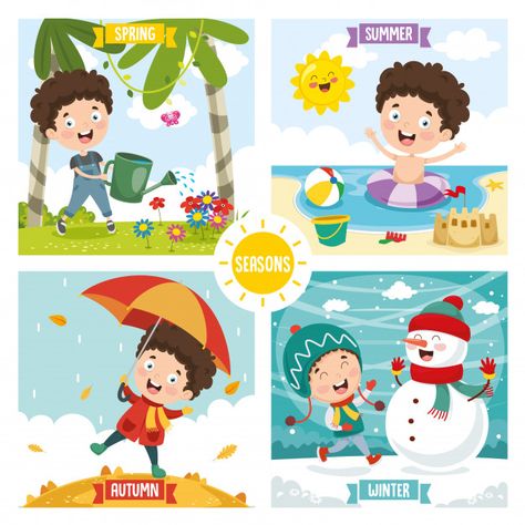 Illustration of kid and four seasons Pre... | Premium Vector #Freepik #vector #calendar #birthday #winter #happy-birthday Seasons Pictures, Seasons Preschool, Calendar Birthday, Postcard Template, Seasons Of The Year, Children Illustration, School Activities, Drawing For Kids, Preschool Crafts