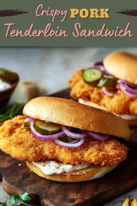 This crispy pork tenderloin sandwich is a Midwestern classic that's sure to satisfy! It's tender and juicy on the inside with an ultra-crunchy exterior. Tenderloin Sandwich Recipes, Pork Tenderloin Sandwich Recipes, Pork Loin Sandwiches, Crispy Pork Tenderloin, Pork Cutlet Sandwich, Breaded Pork Tenderloin Sandwich, Baked Tenderloin, Breaded Pork Tenderloin, Baked Pork Loin