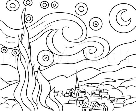 How To Draw Starry Night, Step by Step, Drawing Guide, by Dawn | dragoart.com Van Gogh Coloring, Starry Night Art, Starry Night Painting, Arte Van Gogh, Soyut Sanat Tabloları, Landscape Designs, Van Gogh Art, Starry Night Van Gogh, Wall Quilts