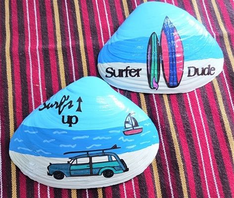 Painted and Vinyl Decals Beach Themed Clam Shells Seashells Movie Crafts, Clam Shells, Surfer Dude, Seashell Painting, Christmas Craft Projects, Beach Crafts, Surfs Up, Beach Themed, Paint Markers