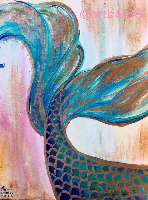 Mermaid Tail Art, Mermaid Tail Drawing, Little Mermaid Painting, Mermaid Beach Decor, Mermaid Canvas, Sip And Paint, Whimsical Art Paintings, Mermaid Crafts, Watercolor Mermaid