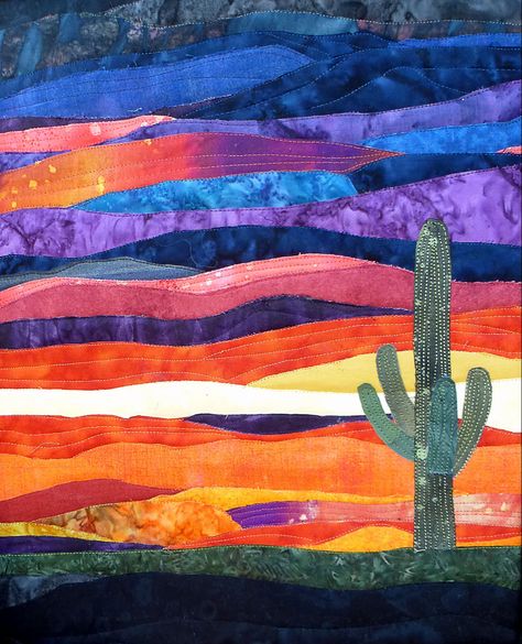 Desert Quilt Patterns, Cactus Quilt Pattern, Desert Quilt, Cactus Collage, Cactus Quilt, Fabric Landscape, Cactus Crafts, Desert Paintings, Seascape Quilts