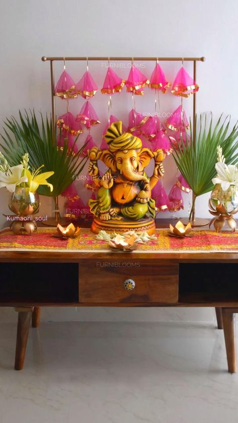 Festive Decor Ideas, Home Mandir, Ganpati Decoration Theme, Ganpati Decor, Mandir Decoration, Ganesh Chaturthi Decoration, Home Flower Decor, Ganpati Decoration At Home, Indian Room Decor