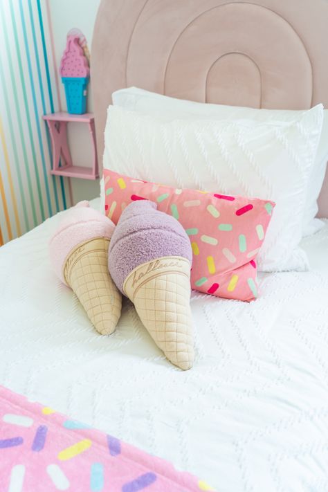 Our colorful guest bedroom with ice cream theme includes sundae sprinkles rectangular throw pillow and blanket, LED night light lamp, ice cream pillows, pink floating square shelves, and an upholstered velvet bed with curved round headboard - bedroom design, modern home decor, home styling, home design inspiration, home ideas, best interior design, home accessories, furniture, house decor, fall decor, holiday decor, home accents, home styling, home design Rental House Design, Colorful Guest Bedroom, Round Headboard, Square Shelves, Unique Ice Cream, Headboard Bedroom, Pillows Pink, Pillow And Blanket, Square Shelf