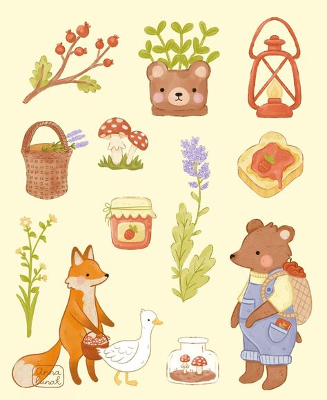 Cottagecore Ideas, Graphic Shapes Design, Cottagecore Art, Autumn Stickers, Animal Stickers, Shop Owner, Children's Book Illustration, Wallpaper Iphone Cute, Sticker Sheet