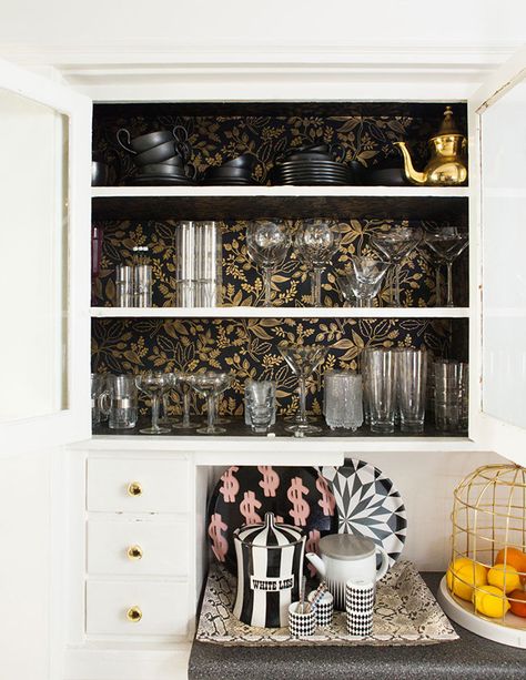 Wallpaper For Inside Kitchen Cabinets, Wallpaper Glass Cabinet, Painted Inside Kitchen Cabinets, Cabinet With Wallpaper Inside, Wallpaper Cabinet Interior, Wallpaper Inside Kitchen Cabinets, Wallpaper In Kitchen Cabinets, Built Ins With Wallpaper Backing, Bookshelves With Wallpaper Backing