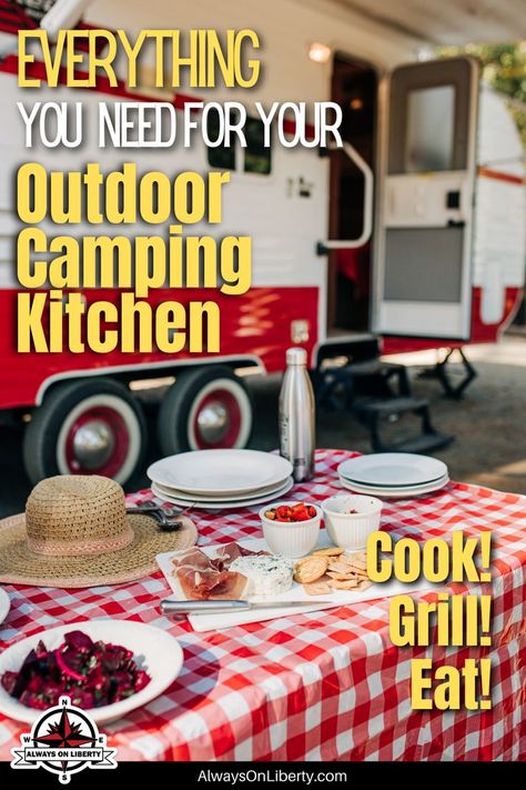 Don't be stuck inside your motorhome or camper cooking in your RV kitchen while everyone else is outside enjoying the outdoors! That’s why you need an outdoor camp kitchen setup so you can be a part of the action too! If you have the right campsite kitchen setup, you can cook outdoors while enjoying your family and friends or tailgating. But what kitchen camping gear will you need to set up your campsite outdoor kitchen? Check out these outdoor RV kitchen ideas! Camp cooking at it's best! #RV Best Camping Cookware, Outdoor Rv Kitchen, Rv Outdoor Kitchen Ideas, Outdoor Camping Kitchen Ideas, Camp Kitchen Ideas, Campsite Kitchen, Camp Cooking Gear, Outdoor Camp Kitchen, Camping Kitchen Set Up