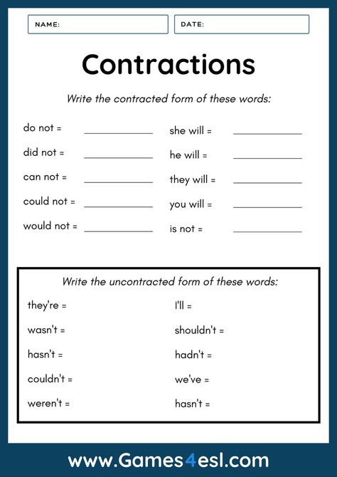 Contractions 2nd Grade, Contractions First Grade, Learn Sign Language Free, Teaching Contractions, Contractions Worksheet, Esl Worksheets For Beginners, Easy Math Worksheets, Free Printable Alphabet Worksheets, First Grade Reading Comprehension