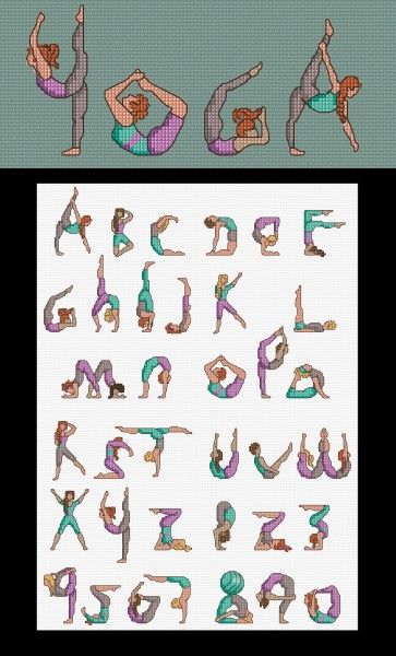 Yoga Alphabet Poses, Yoga Alphabet, Yoga Cross Stitch, Yoga Party, Typography Alphabet, Cross Stitch Books, Stitch Book, Cross Stitch Pictures, Cross Stitch Alphabet