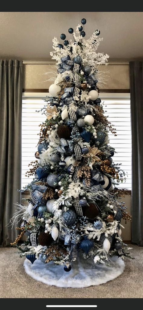 Christmas Tree With Blue And Silver, Black And Navy Christmas Tree, Blue Grey Christmas Tree, Blue Decorated Christmas Trees Ideas, Jack Frost Christmas Tree, Navy White And Silver Christmas Tree, Navy And Champagne Christmas Tree, Navy And Cream Christmas Tree, Navy Blue And Green Christmas Decor