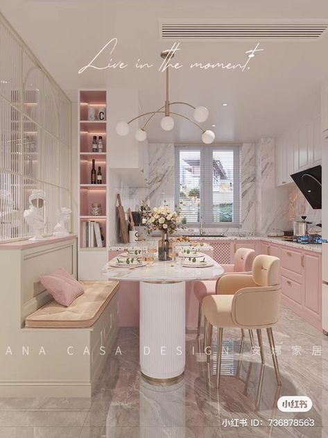 Pink Aesthetic Dining Room, White And Pink House Interior, Glam Kitchen Design, Dining Room Pink, Pink House Interior, Pastel Interior Design, Pink Dining Rooms, Living Room Decor Neutral, Small House Interior