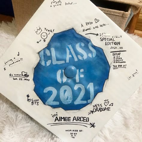 Cap Decoration Graduation Aesthetic, Bts Inspired Graduation Cap, Cap Decorations For Graduation, Graduation Caps Aesthetic, Kpop Cap Ideas For Graduation, Kpop Graduation Cap Ideas, Bts Cap Graduation, Aesthetic Grad Cap Ideas, Seventeen Graduation Cap