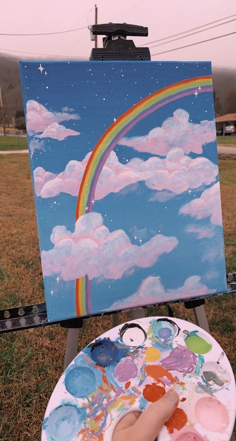 Canvas Painting Ideas Rainbow, Rainbow Easy Painting, Painting Ideas On A Wall, Rainbow Painting Aesthetic, Diy Rainbow Painting, Painting Rainbows On Canvas, Rainbow Canvas Painting Ideas, How To Paint A Rainbow, Heaven Painting Easy