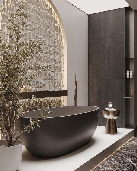 Unique Bathtubs Luxury, Bathtub Luxury Design, Minimal Bathtub, Japandi Bathroom Bathtub, Fancy Bathtub Aesthetic, Latest Bathroom Designs, Washroom Design, Bathroom Design Decor, Bathroom Design Inspiration