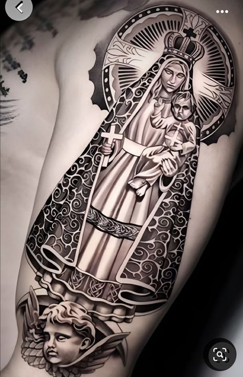 Cross Tattoo Ideas For Men, Virgin Mary Tattoo Design, Mary Tattoo Design, Cool Cross Tattoos, Cross Tattoo Ideas, Saint Tattoo, Underarm Tattoo, Catholic Tattoos, Virgin Mary Tattoo