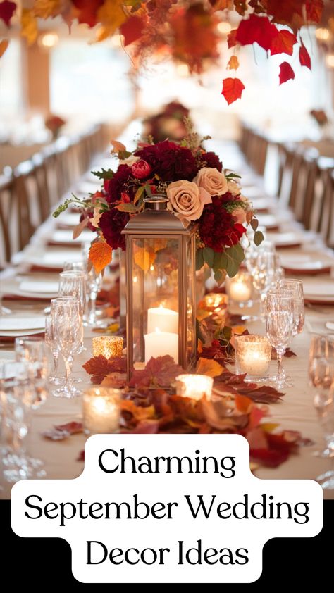 Elegant September wedding decor featuring warm autumn colors, rustic touches, and seasonal florals to create a cozy fall celebration. September Wedding Ideas Rustic, Rustic Wedding Decor Fall, Fall Indoor Wedding Ideas, Fall Wedding Set Up, Autumn Wedding Ideas September, Rustic Fall Wedding Centerpieces Diy, Autumn Wedding Ideas November, Early Fall Wedding Ideas, Autumn Wedding Table Settings