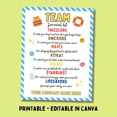 Team Appreciation Candy Bar Poster Editable in Canva - Perfect Staff Gift Idea or a Thank You Candy Gift for Employees  Show your team how much you appreciate their hard work and dedication with our Team Appreciation Candy Bar Survival Kit Poster! This fun and thoughtful gift is perfect for boosting morale and expressing gratitude in a sweet way. Fully editable in Canva, you can customize this poster to perfectly fit your team's unique personality and preferences. ✏️ Editable in Canva: Easily customize the text and design to add your personal touch. ⬇️ Instant Download: Get your printable file immediately after purchase and start creating right away. 👍 High-Quality Design: Professionally designed template ensures a polished and appealing final product. 🙂 Fun and Easy to Use: Simply downl Thank You Candy Bar Poster, Team Treat Ideas, Teammate Appreciation Ideas, Candy Bar Posters Appreciation, National Payroll Week Ideas, Candy Appreciation Sayings, Candy Puns For Work, Teller Appreciation Ideas, Employee Appreciation Ideas Staff Morale