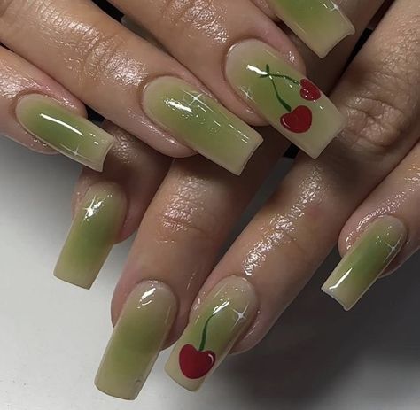 Nail Art Cherry, Green Nail Art, Cherry Nails, Green Nail, Green Nails, Nail Colors, Cherry, Nail Art, Nails