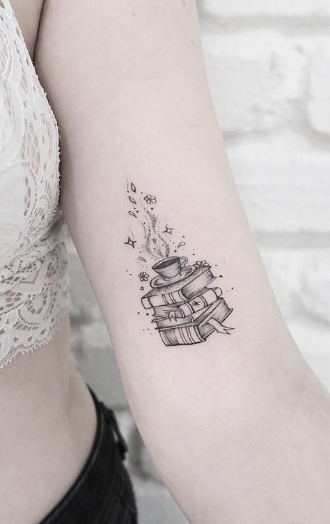 Books Tattoo, Book Tattoos, Bookish Tattoos, Coffee Tattoos, Shape Tattoo, Muster Tattoos, Tattoos For Lovers, Inspiration Tattoos, Book Tattoo