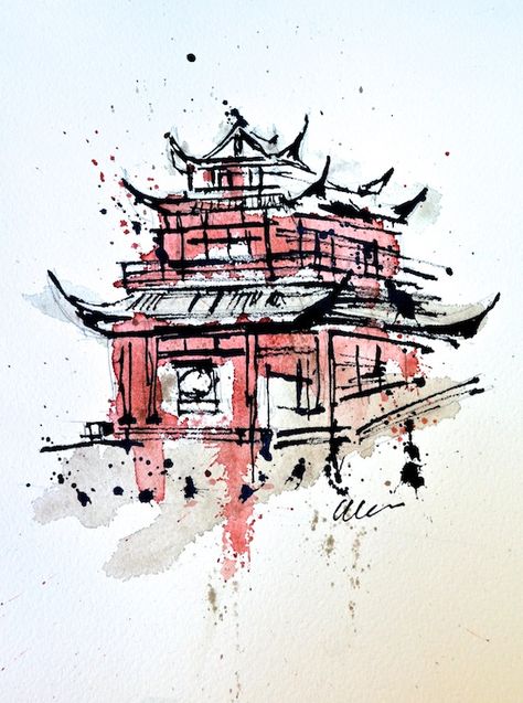 Chongqing Temple in Chinese ink and watercolor.  $250 Chinese Temple Painting, Chinese Culture Drawing, Chinese Temple Drawing, Chinese Temple Art, Chinese Ink Drawing, Chinese Culture Aesthetic, Sketch Landscape, Temple Drawing, Art Chinois