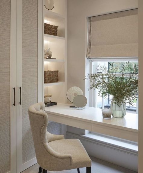 Dressing Table Layout, Contemporary Study Room, Corner Styling, Beach House Office, Gray Interior Design, Wfh Space, Layered Window Treatments, Trendy Paint Colors, Small Dressing Rooms