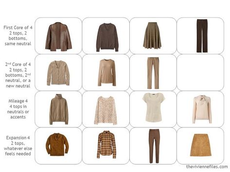 Four by Four wardrobe in brown, beige and orange Brown Capsule Wardrobe, Confident Outfits, Casual Neutral Outfits, Wardrobe Brown, Warm Fall Outfits, Neutral Capsule Wardrobe, The Vivienne Files, Vivienne Files, Capsule Wardrobe Outfits