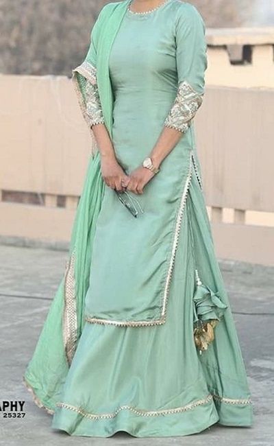 Latest 50 Kurti Skirt Designs And Patterns (2021) Plain Suit Designs Indian Style, Plain Suit Designs Indian, Plain Suit With Heavy Dupatta, Suit With Heavy Dupatta, Green Sharara Suit, Suit Designs Indian Style, Green Sharara, Plain Suit, Heavy Dupatta