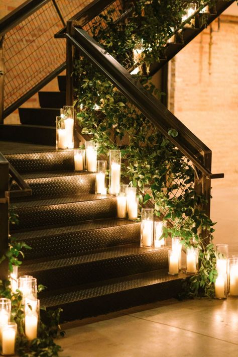 Fall Loft Wedding, Staircase Candles Wedding, Candle Entrance Wedding, Fall Mansion Wedding Decor, Candle And Flower Wedding Decor, Fairlie Chicago Wedding, Indoor Candlelight Wedding, Candles On Stairs Wedding, Chicago Fall Wedding