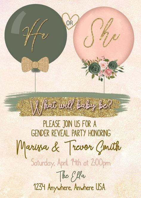 Gender Reveal Invitation, Balloon Gender Reveal, Blush Pink and Olive Green, He or She What Will Baby Be, Boy or Girl, Instant Download - Etsy Balloon Gender Reveal, Pink And Olive Green, Gender Reveal Invitations Template, Baby Gender Reveal Party Decorations, Gender Reveal Party Theme, Gender Reveal Themes, Gender Reveal Party Invitations, Baby Milo, Girl Gender Reveal