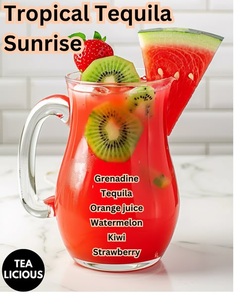 Tropical Tequila Sunrise Mexican Sunrise Drink, Alcoholic Slush Recipes, Alcohol Punch, Tequila Recipes, Alcholic Drinks, Summer Drinks Alcohol, Cocktail Drinks Alcoholic, Alcohol Consumption, Brunch Drinks