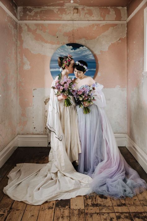 Whimsical Shakespearean Inspired Wedding · Rock n Roll Bride T4t Wedding, Untraditional Wedding Veil, Lesbian Cottagecore Wedding Dress, Queer Weddings Decor, Rock Wedding Dress, Cottage Core Lesbian Wedding, Wlw Marriage, Wlw Wedding Aesthetic, Anti Wedding