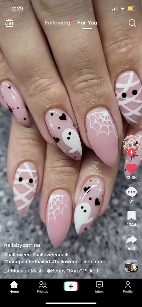 Pastel Pink Halloween Nails, Spooky Easter Nails, Pink And Blue Halloween Nails, Halloween Nails Witch Hat, Pink Ghost Nails Acrylic, Cute Halloween Nails Almond, Simple Pink Halloween Nails, Almond Shaped Halloween Nails, Hot Pink Halloween Nails