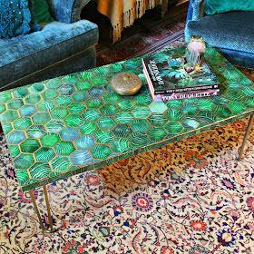 Mark Montano: Faux Malachite Tile Table DIY Green Tile Coffee Table, Tile Table Diy, Gold Painted Furniture, Green Mosaic Tile, Tiled Table, Mark Montano, Mosaic Tile Table, Tile Tables, Tiled Coffee Table