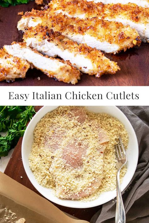 Need a quick dinner recipe? These Easy Italian Chicken Cutlets can be made in under 30 minutes! #ChickenRecipes #EasyRecipe #ChickenBreastRecipe #30MinuteMeals #DinnerRecipe Easy Chicken Cutlet Recipes, Italian Chicken Cutlets, Easy Italian Chicken, Chicken Cutlet Recipes, Chicken Cutlet, Italian Breadcrumbs, Cutlets Recipes, Classic Italian Dishes, Italian Chicken