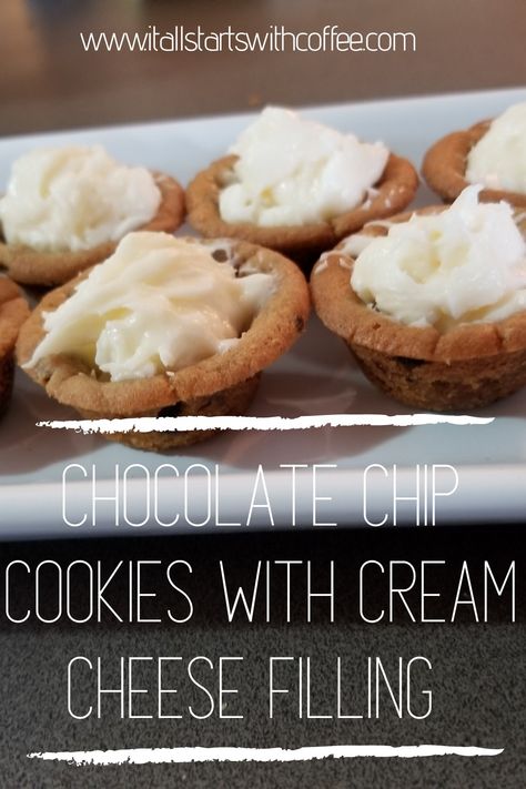 Cookies With Cream Cheese Filling, Cream Cheese Chocolate Chip Cookies, Chocolate Chip Dip, Mini Chocolate Chip Muffins, Chocolate Chip Cookie Cups, Cookies With Cream Cheese, Refrigerated Cookie Dough, Cookie Cups Recipe, Mini Chocolate Chip Cookies