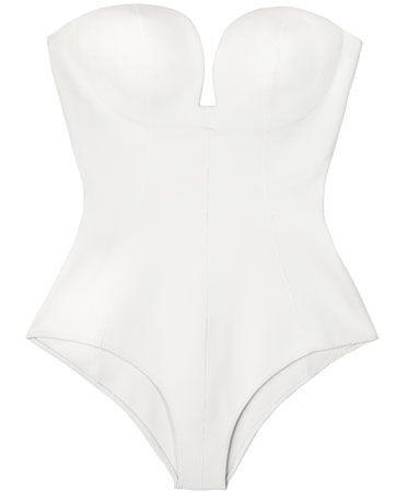 White Bustier Onesie by Shakuhachi White Corset Bodysuit, Luxury White Evening Bodysuit, White Body Suit, Elegant White Second-skin Bodysuit, White Fitted Strapless Bodysuit, White Lingerie Bodysuit, Luxury White Stretch Bodysuit, Waist Shaper Corset, Strapless Shapewear