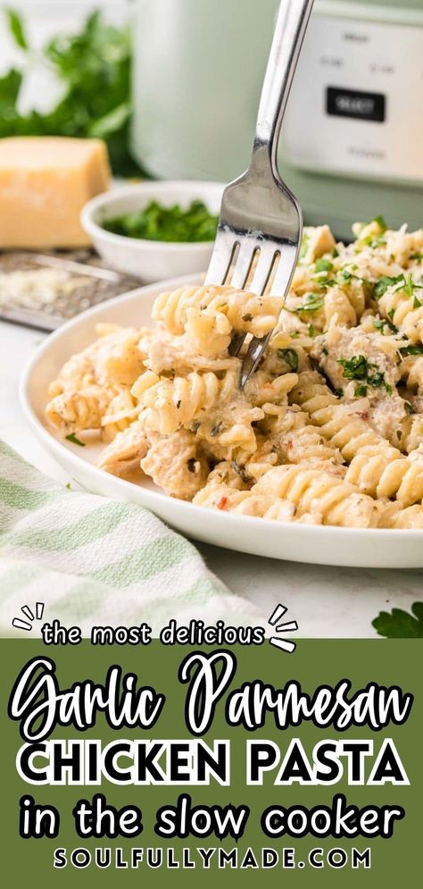 This Crockpot Garlic Parmesan Chicken Pasta is the ultimate comfort food with barely any effort. Toss a few ingredients in the slow cooker, and by dinner, you’ll have juicy chicken, perfectly coated pasta, and a rich garlic parmesan sauce that tastes homemade. Store-bought shortcuts keep it easy without skimping on flavor—because dinner should be stress-free and delicious! Crockpot Creamy Pasta, Crock Pot Chicken And Pasta, Garlic Parmesan Crockpot Chicken, Beef And Rotini In Garlic Parmesan Sauce, Crockpot Pasta Meals, Recipes With Rotini Noodles, Garlic Parmesan Chicken Pasta Crockpot, Slow Cooker Chicken And Pasta, Chicken Parmesan Crockpot