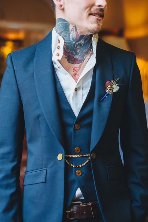 Rustic, Wintery and Super Freaking Cool Wedding Vintage Wedding Mens Attire, Unconventional Wedding Suit, Men’s Colored Wedding Suit, Cool Suits For Men Wedding, Viking Wedding Mens Suit, Interesting Groom Attire, Non Traditional Mens Wedding Attire, Groom Suit Alternative, Funky Wedding Suits Men