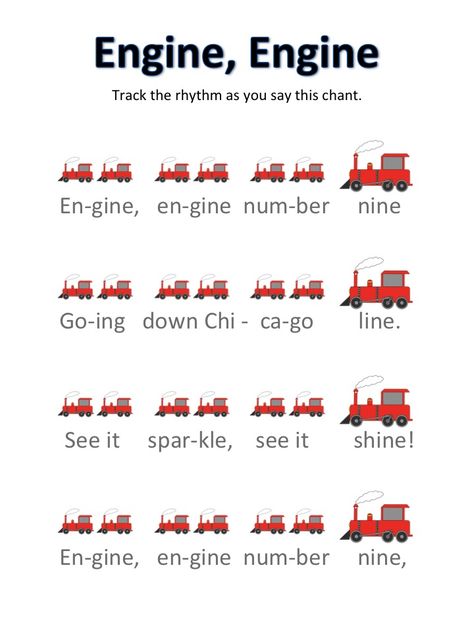 Engine icon rhythm sheet (Gr )...use with the rhyme from Feierabend's "Songs W/ Beat Motions."  1st experience- students will keep the steady beat using sandblocks & assess.  Subsequent lesson-present the iconic notation. Rhythm And Rhyme Activities, Rhythm Activities, Kindergarten Music, Music Teaching Resources, Classroom Songs, Music Lessons For Kids, Elementary Music Lessons, Music Curriculum, Music Lesson Plans