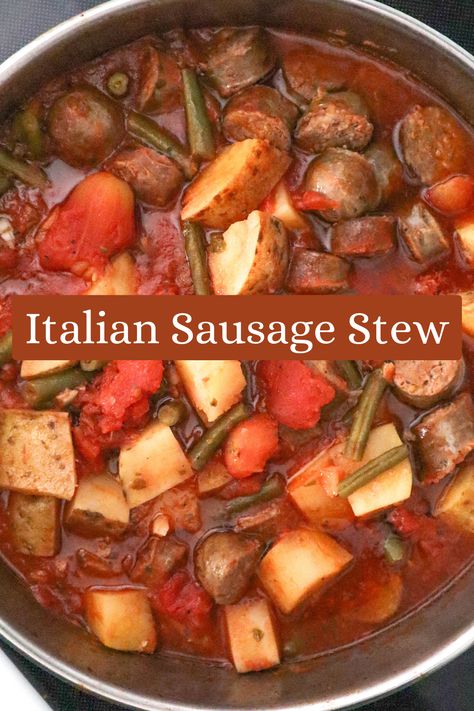 If you like Italian sausages simmered in tomato sauce you will love our Italian sausage stew. It's an easy and delicious economical one pan meal. Italian Sausage Stew Crockpot, Italian Sausage Stew Recipes, Italian Sausage And Beans, Sausage Stew Recipes Simple, Italian Sausage Stew, Sausage Stew Recipes, Crockpot Italian Sausage, Sausage And Green Beans, Simple Tomato Sauce